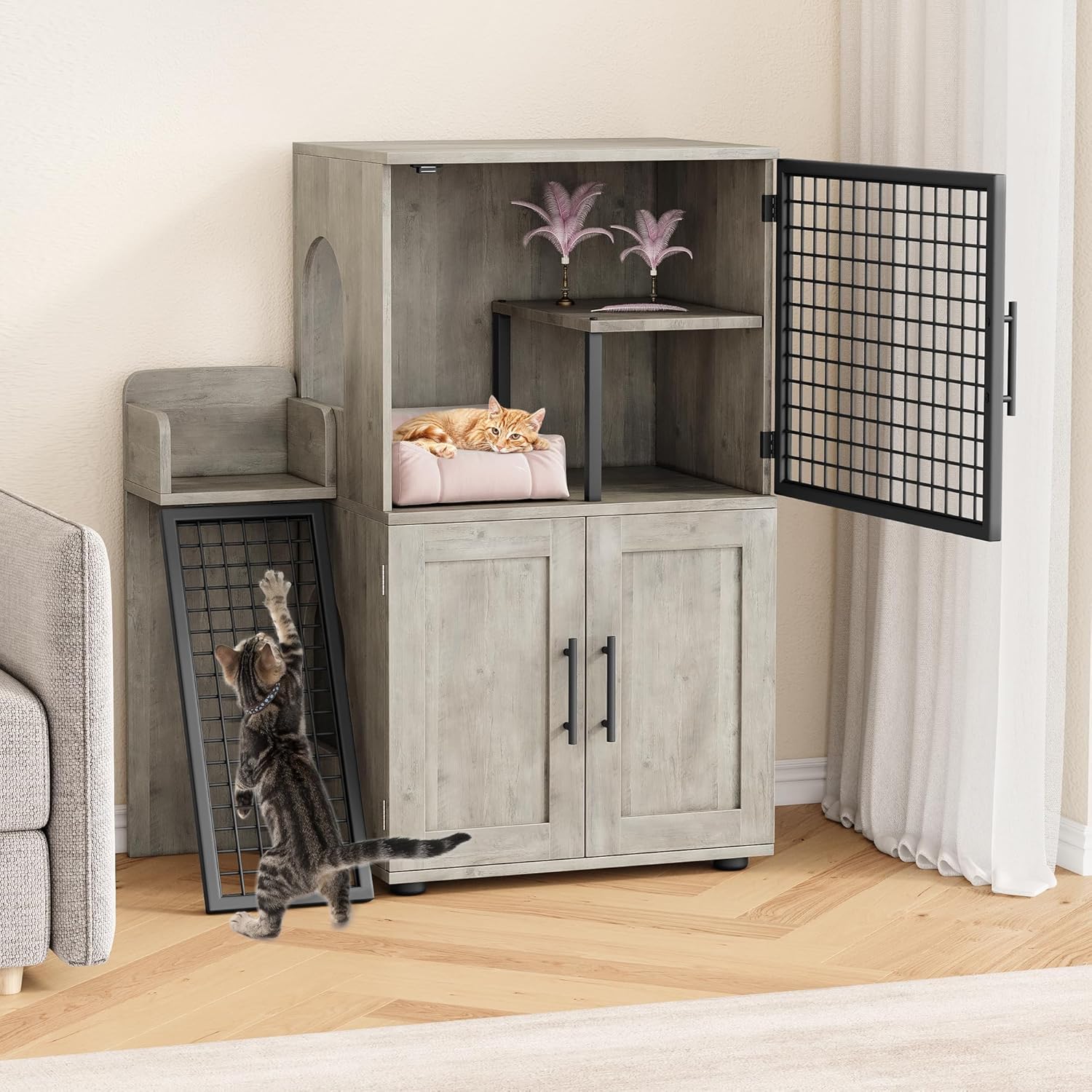 Stylish Enclosed Cat Litter Box Cabinet with Platform and Climbing Ladder, Multi-Functional Cat Litter Box House for Indoor Cats, 33.5" L x 17.9" W x 41.9" H, Grey