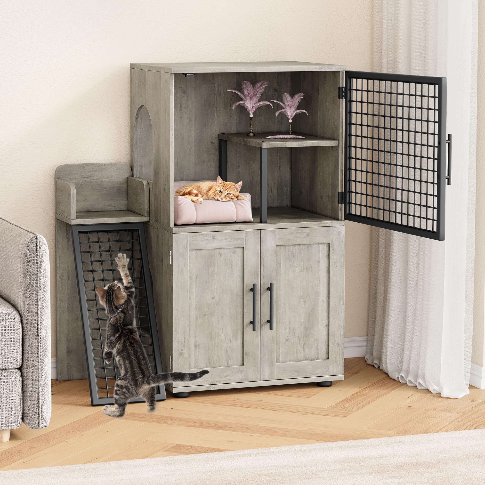 Stylish Enclosed Cat Litter Box Cabinet with Platform and Climbing Ladder, Multi-Functional Cat Litter Box House for Indoor Cats, 33.5" L x 17.9" W x 41.9" H, Grey - image 5