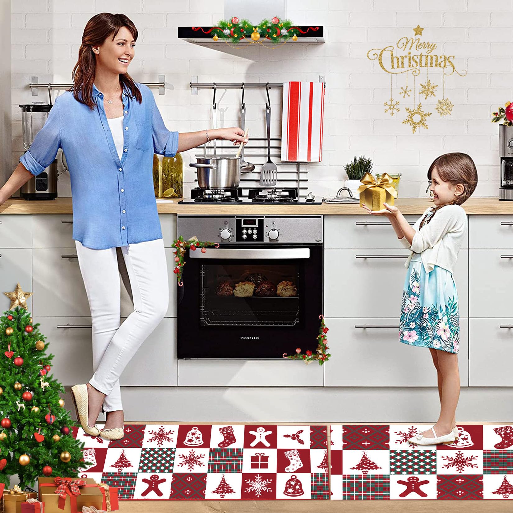 CAROMIO Weihnachts-Küchenmatte, Waschbarer Läuferteppich rutschfeste Küchenteppiche und Matten Dekorative Weihnachtsläufermatten rutschfeste Küchenbodenmatte für Waschtisch, 40 x 60 + 40 x 120 cm
