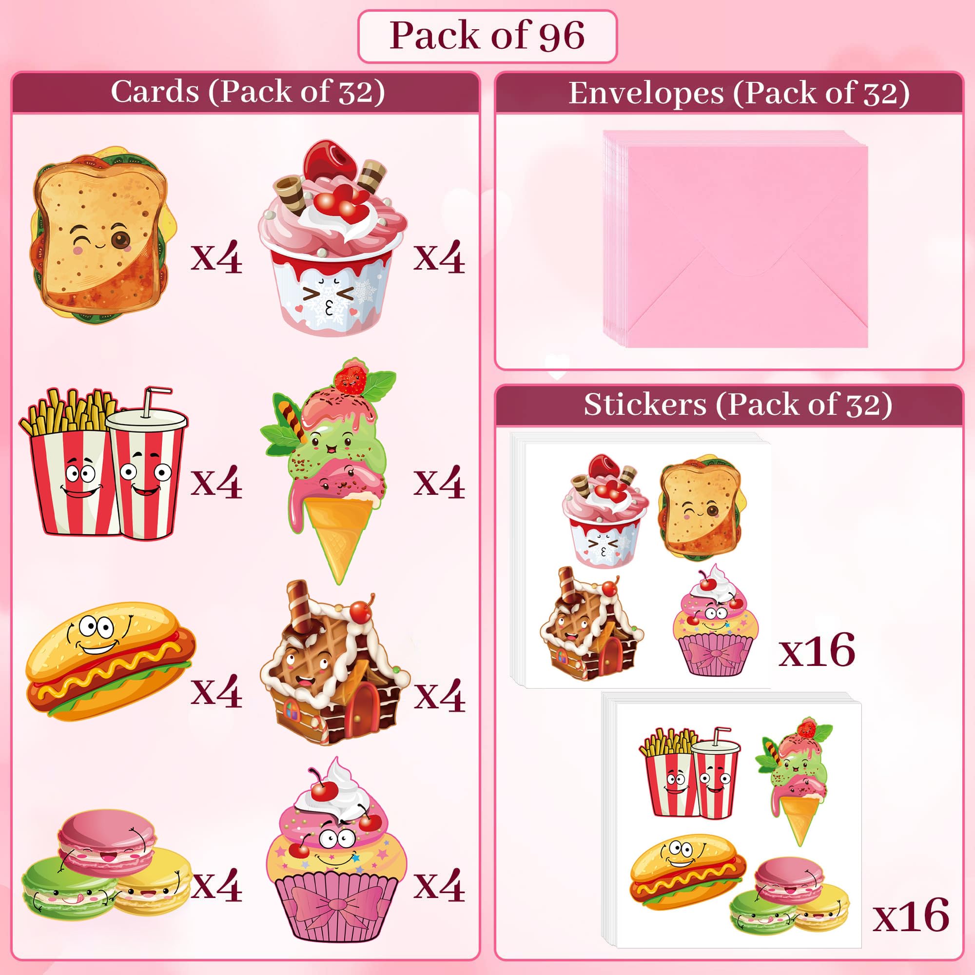 Confezione Da 32 Biglietti Di San Valentino Per Bambini Con Segnalibri E Adesivi A Cupcake - 8 Disegni - Buste Rosa Incluse