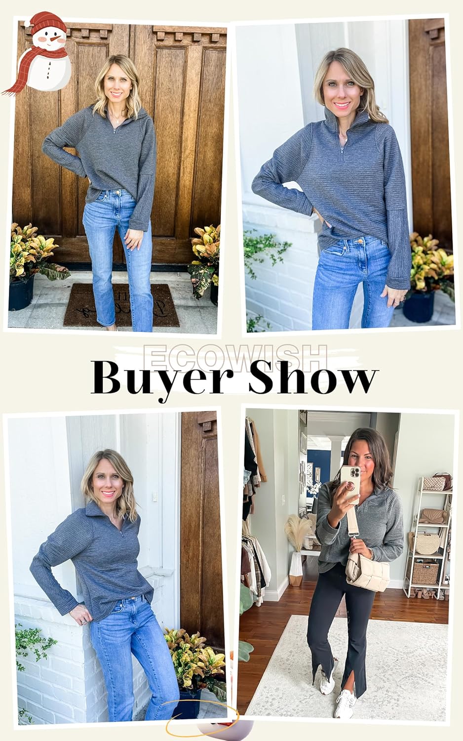 ECOWISH Women Tops Quarter Zip Fall Winter Tunics Casual Oversized Pullover Ribbed Quilted V Neck Collared Outfits Loose 2026 - Image 4