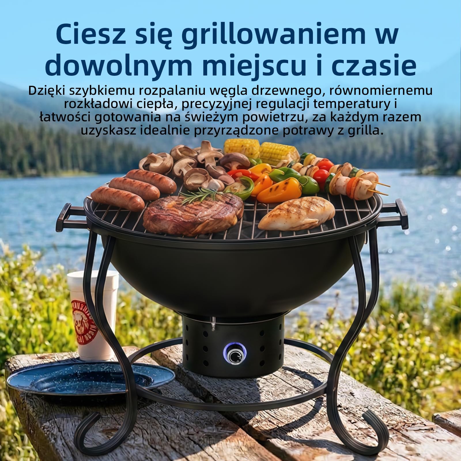 Grill na węgiel drzewny z regulowanym wentylatorem, przenośny grill kempingowy 18 cali, łatwy do rozpalania węgiel drzewny, mały grill stołowy grill kempingowy z pokrywką, do ogrodu, na kemping, na