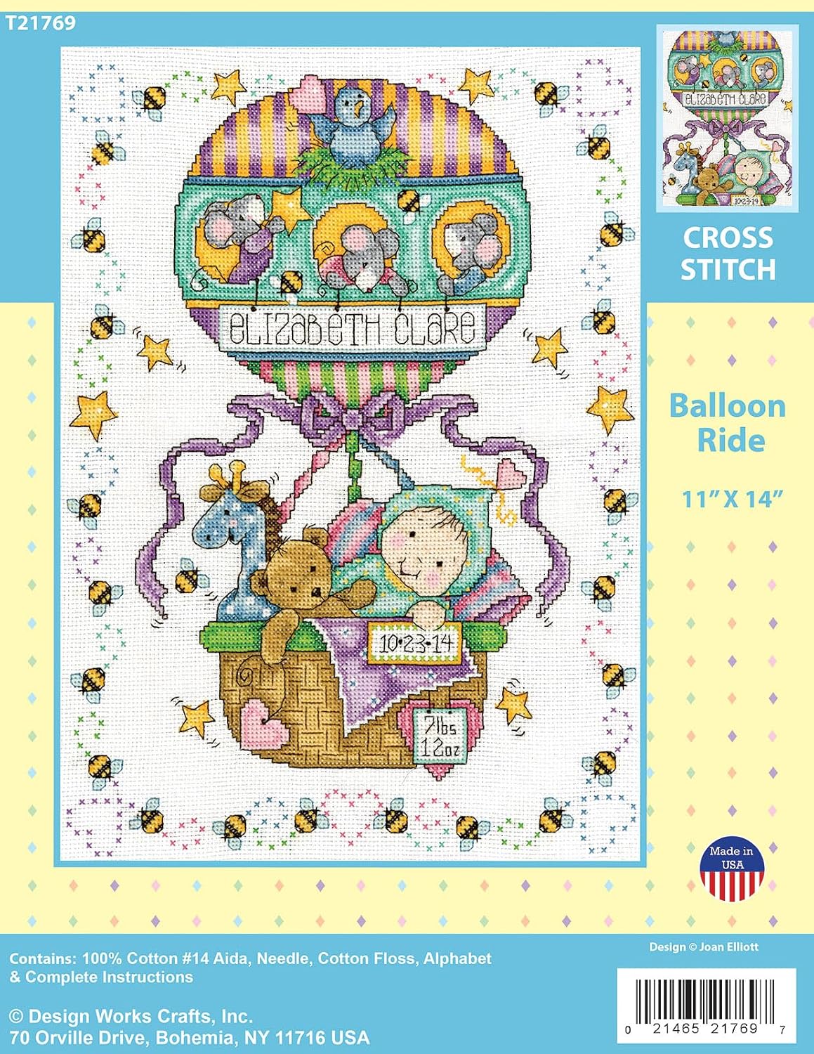 Tobin 14 Count Balloon Ride Birth Record Counted Cross Stitch Kit, 11 by 14-Inch
