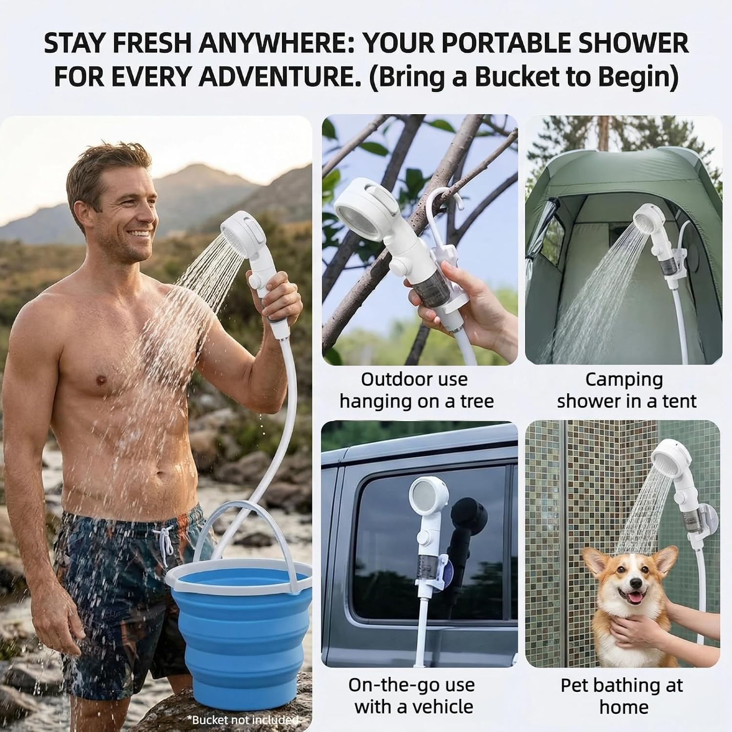 Portable Shower for Camping, Rechargeable Camping Shower Pump with 3 Spray Modes, Outdoor Shower Kit with Suction Mount & Mesh Bag for Travel, Pet Bath, RV Car Wash, Backyard Watering