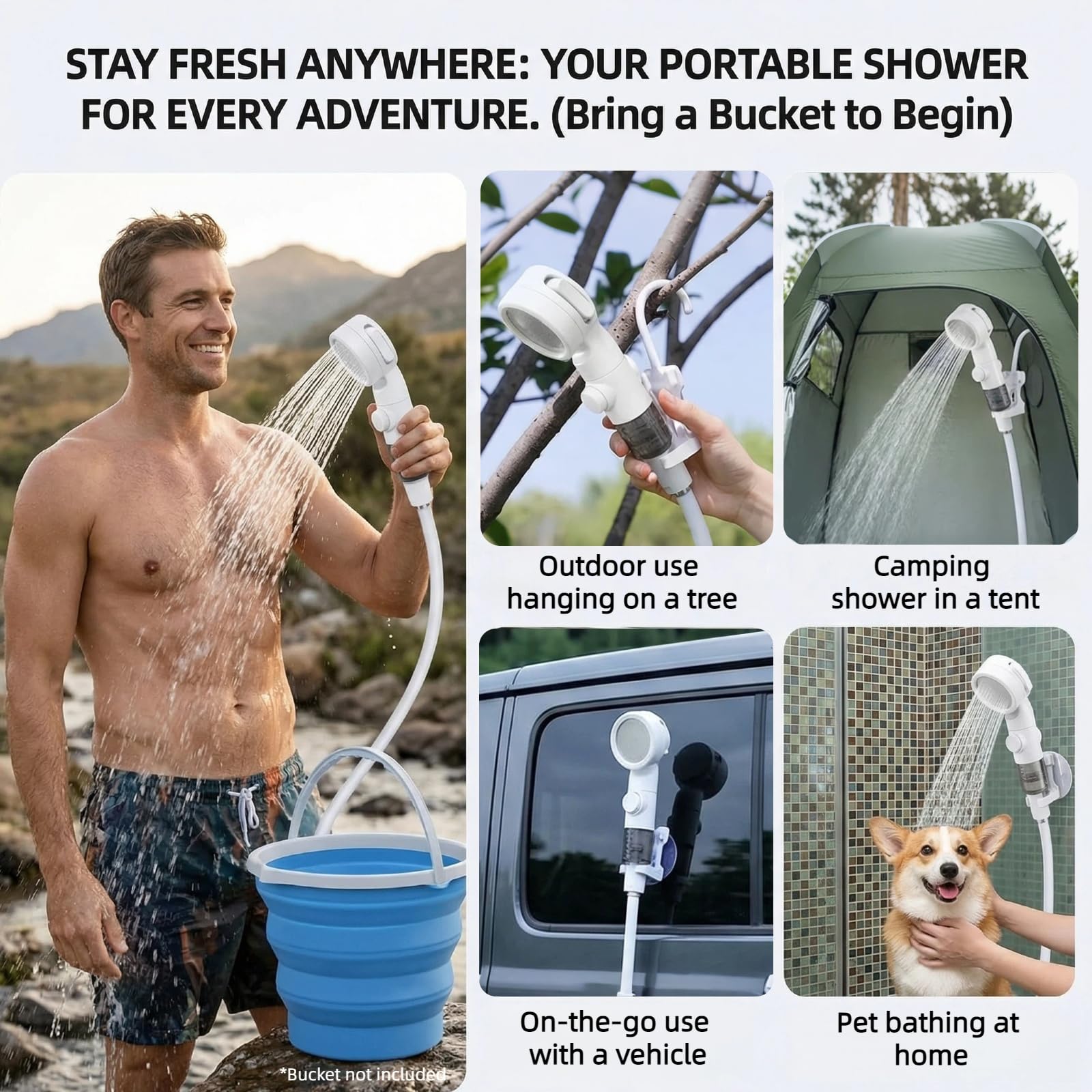 Doccia portatile per campeggio, pompa doccia ricaricabile da campeggio con 3 modalità di spruzzo, kit doccia all'aperto con supporto a ventosa e borsa a rete per viaggi, bagno per animali