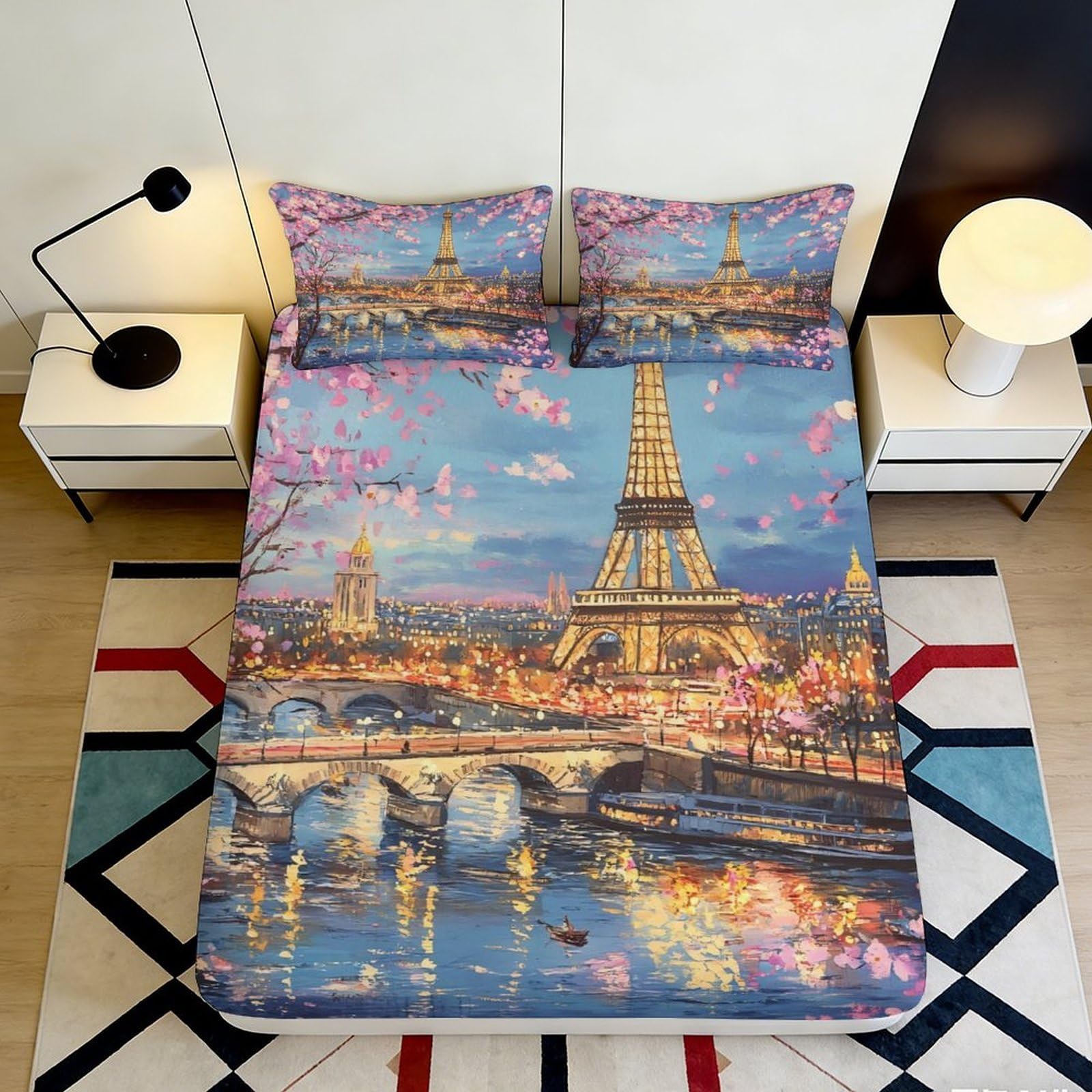 Pnayamiorkfel Style-2 3D Printed Eiffel Tower Nightscape Fitted Sheet Microfiber Soft Bed Cover Paris Bridge Design For Bedroom Decor 90X200x25cm