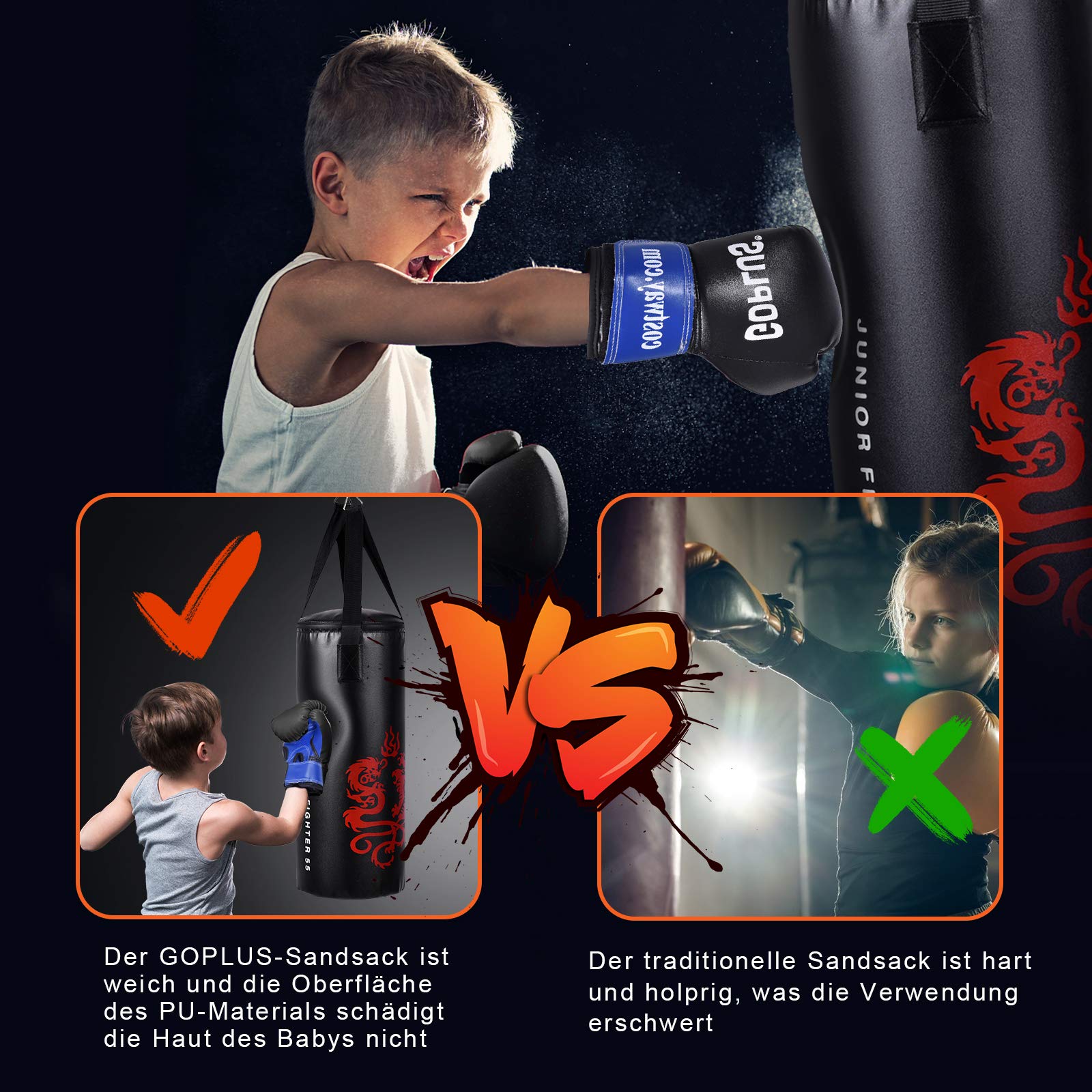GOPLUS 10 kg Boxsack Set, Kinder Boxset, Boxing Set mit Boxhandschuhe & Springseil, Punching Bag mit Füllung, aus Kunstleder, inkl. Tragetasche & Deckenhalterung, für Kinder und Jugendliche