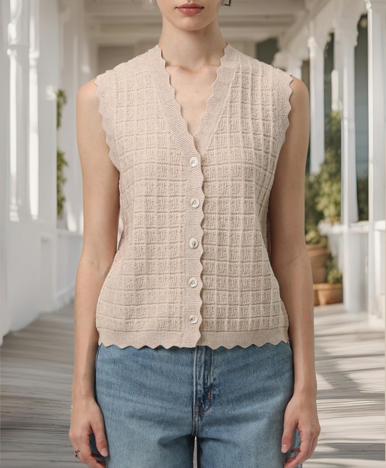 Trendy Sweater Vest Waffle Knit Top Vest V Neck Cardigan Sweater Casual Sleeveless Tops Cute Ruffle Vest - Image 3