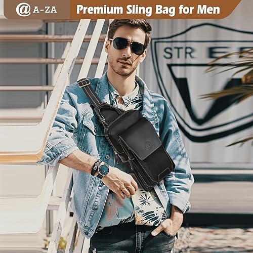Miniatura 2 de Bolso bandolera de cuero genuino para hombre, mochila cruzada de cuero de grano completo para hombre, riñoneras, bolsa de pecho