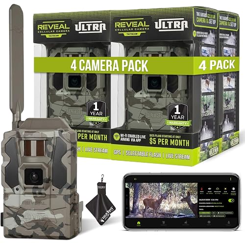 TACTACAM Reveal Ultra Cellular Trail Camera – 4K Photo, 1080P Video, Live Streaming, GPS, Low-Glow/No-Glow Flash, LTE + Cleaning Cloth | (4PK)