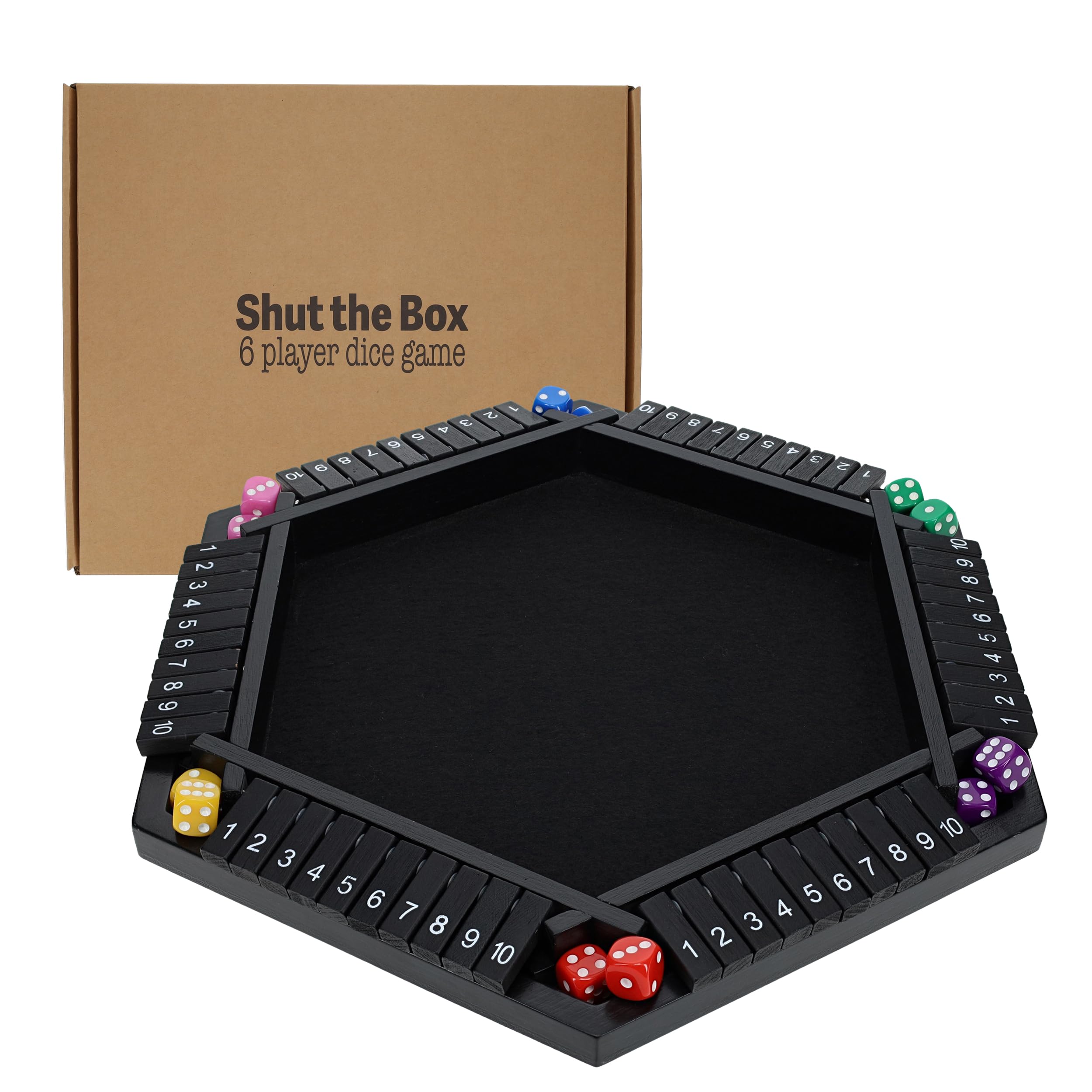 Pacific Shore Games Shut The Box - Juego para 6 jugadores, madera pintada en negro, juego de mesa de madera, juegos de mesa para adultos, juegos de bar, juego de dados portátil para 1-6 jugadores,