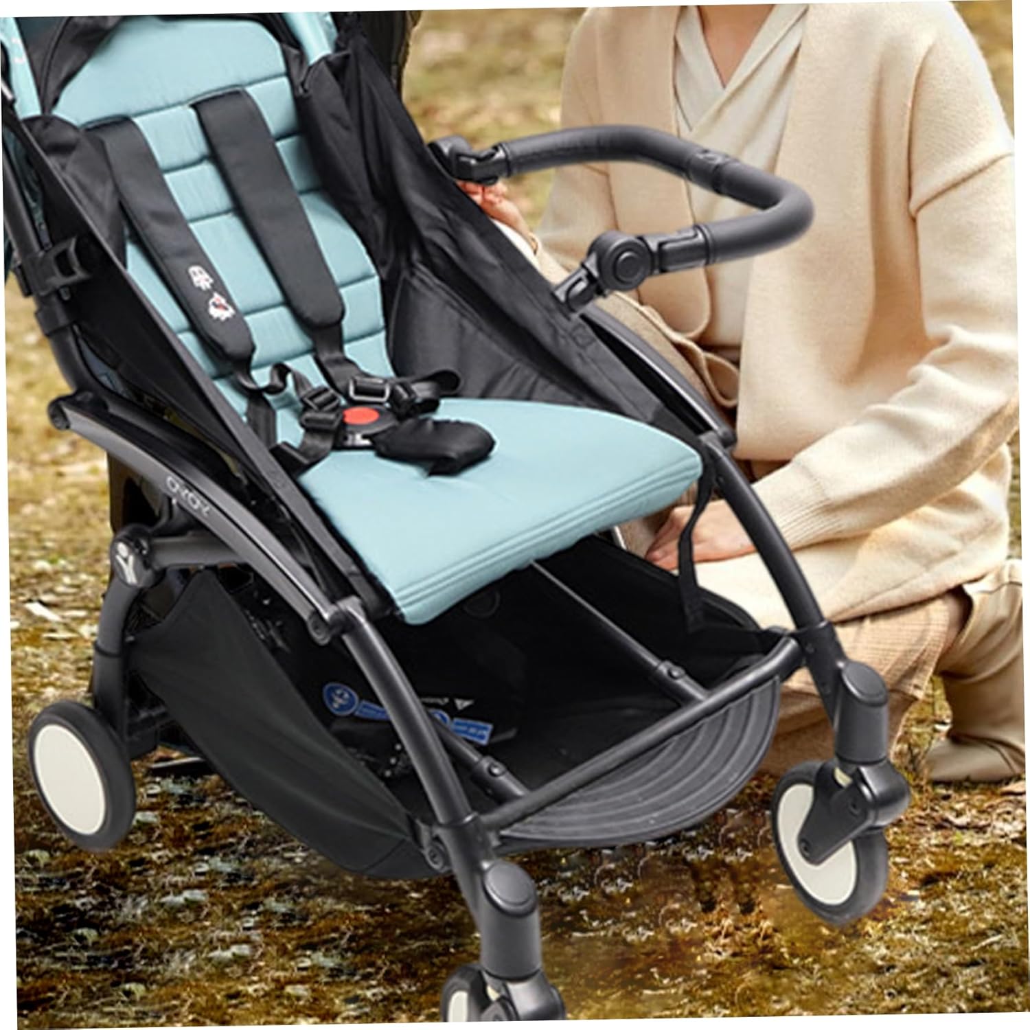Stroller Bumper Bar Adjustable Multifunctional PU Leather Stroller Handle Accessories with Button Switch for Baby Toddler Safety