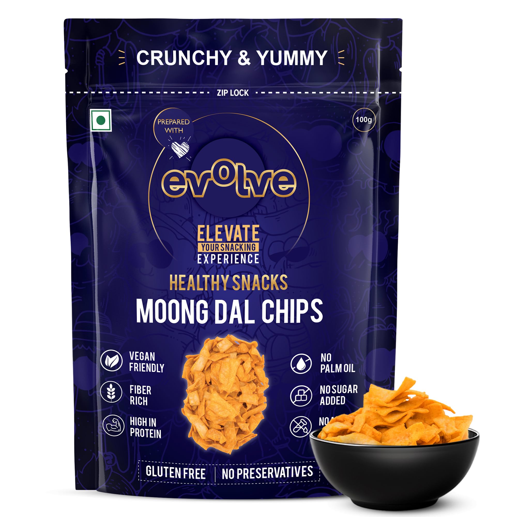 Evolve Moong Dal Chips Healthy Snacks for Kids, Adults | Roasted, Gluten Free, Vegan, No Palm Oil & Artificial Colors, Freshly Made, Peri Peri Flavor - 100g