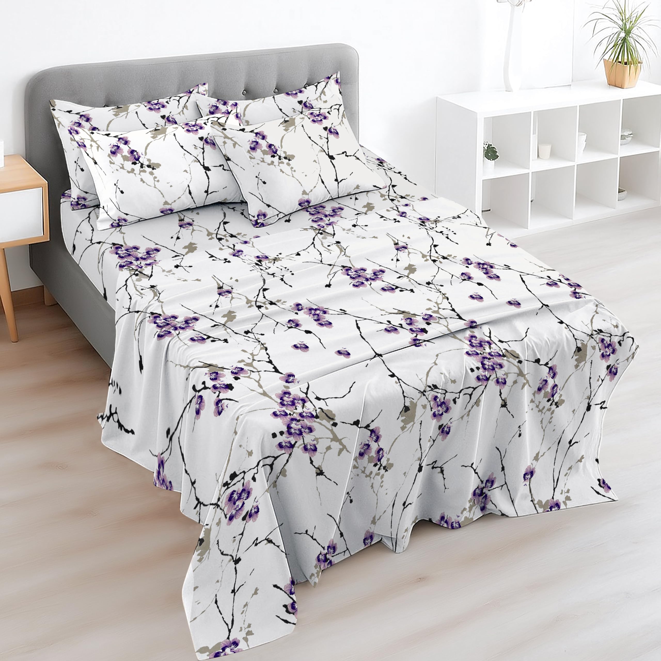 EverSoft Bedding 4PC Double Bed Sheet Set Egyptian Cotton 400TC, Flat Sheet, 30cm Deep Fitted Sheet & 2 Pillowcases Soft Cooling Floral Print