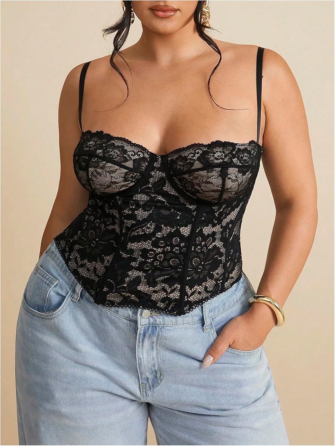 Women's Plus Size Floral Lace Corset Cami Top Sexy Mesh Spaghetti Strap Party Club Camisole - Image 4