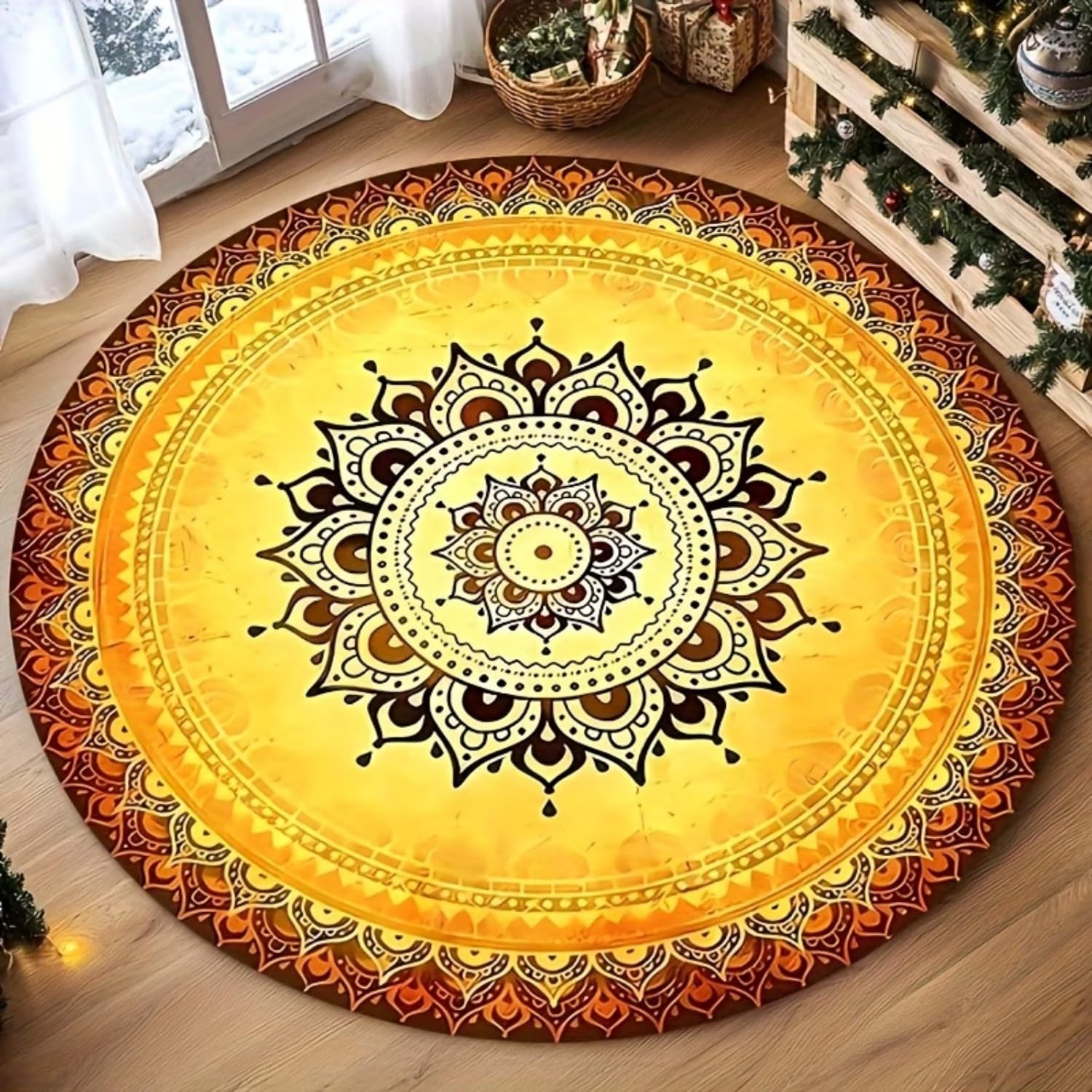 USHIRUG Golden Mandala Round Rug,120cm Soft and Large-Area Indoor Rug With Bohemian Tribal Style, Traditional Classic Patterned Area Rugs, Non-Slip Carpet for Dormitories, Offices, Yoga Rooms