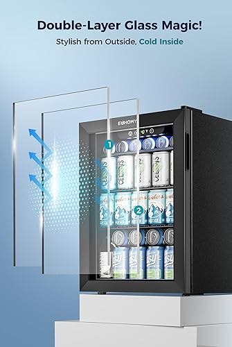 Miniatura 6 de EUHOMY Refrigerador de bebidas para 100 latas, mini refrigerador con puerta de vidrio para cerveza, bebidas, vinos, refrigerador independiente de