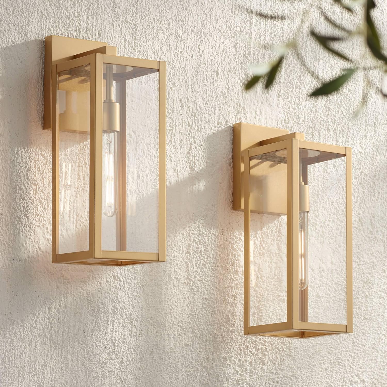John Timberland Titan Modern Outdoor Wall Light Fixtures Set of 2 Soft Gold Rectangular Box Frame 17" Clear Glass Panels for Post Exterior Barn Deck House Porch Yard Patio Garage Garden Outside