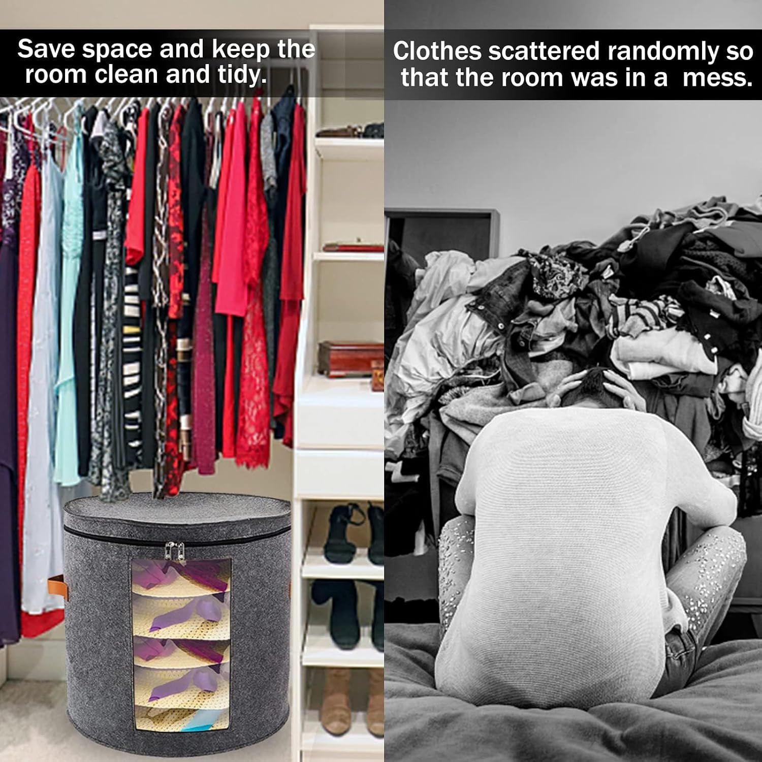 Hat Box Clothing Storage Box in Felt Material-Soft and Comfortable- Travel Round Collapsible Hat Organizer with Lid to Carry or Store Various Hats Clothing Toys for Women & Men (19X17)