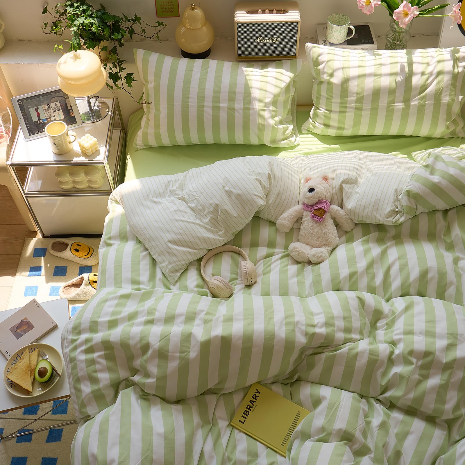 EAVD Boho Green Striped Duvet Cover Queen 3-Piece Soft Washed Microfiber
