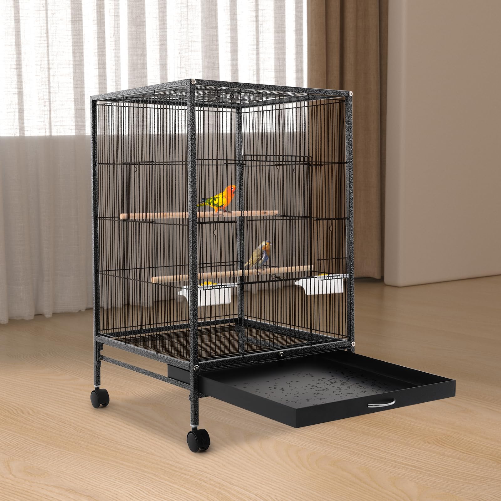 Gabbia per uccelli, grande, per interni, per pappagalli, in metallo, con ruote di trasporto, apertura verso l'alto, 46 x 46 x 94 cm, gabbia per pappagalli con 3 posatoi, ciotola per mangiatoia
