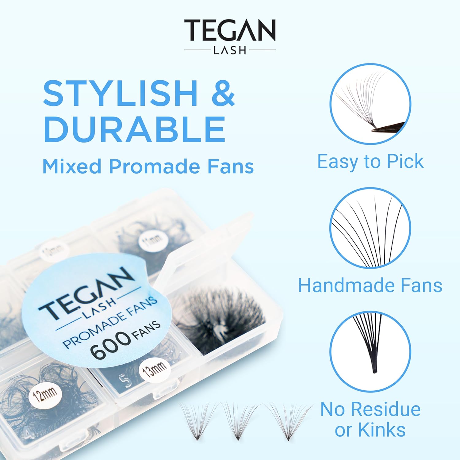 TEGAN LASH Promade Fan Mix Eyelash Extensions, From 3D - 16D, 0.03/0.05/0.07, C/CC/D, 9-15mm, Pre Made Eyelash, Easy Apply Premade False Eyelashes, Pestañas Abanicos Extensiones (12D, 0,03, C, Mix)