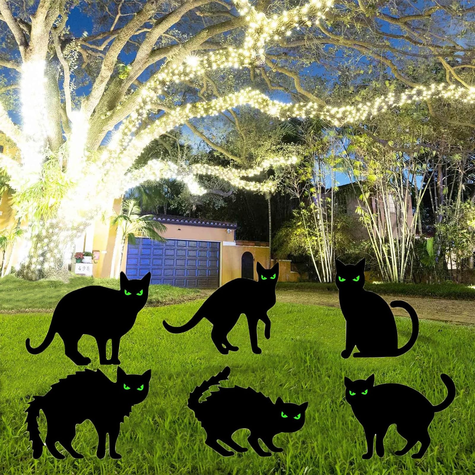 6 Cartelli da Cortile a Forma di Gatto Nero, Spaventapasseri Gatti Occhi Luminosi con Paletti, Paletto da Giardino Per Gatti Per Cortile, Patio Decorazione di Decorazioni di Halloween Per Esterni