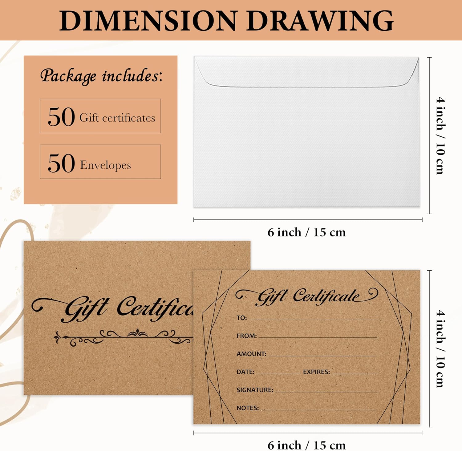 Blank Gift Certificates for Business, Set of 50 Custom Gift Cards with Envelopes for Vouchers, Spa, Salon, Restaurants, 4 x 6 Inch,Client Vouchers - Image 2