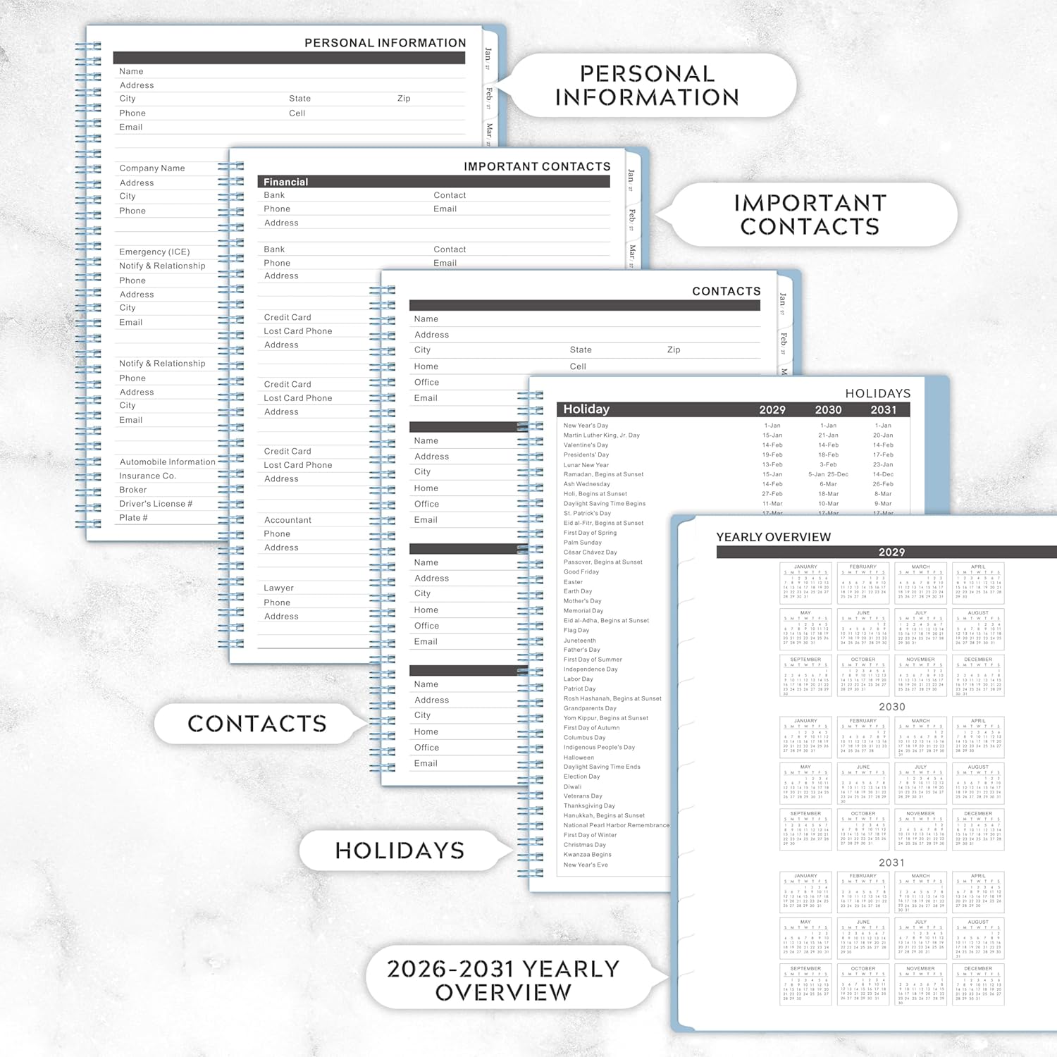 2026-2031 Monthly Planner/Calendar - 5 Year Planner, Jul. 2026 - Jun. 2031, 9" x 11", 5 Year Calendar Double-Side Pocket + Durable Polypropylene Cover - Light Blue