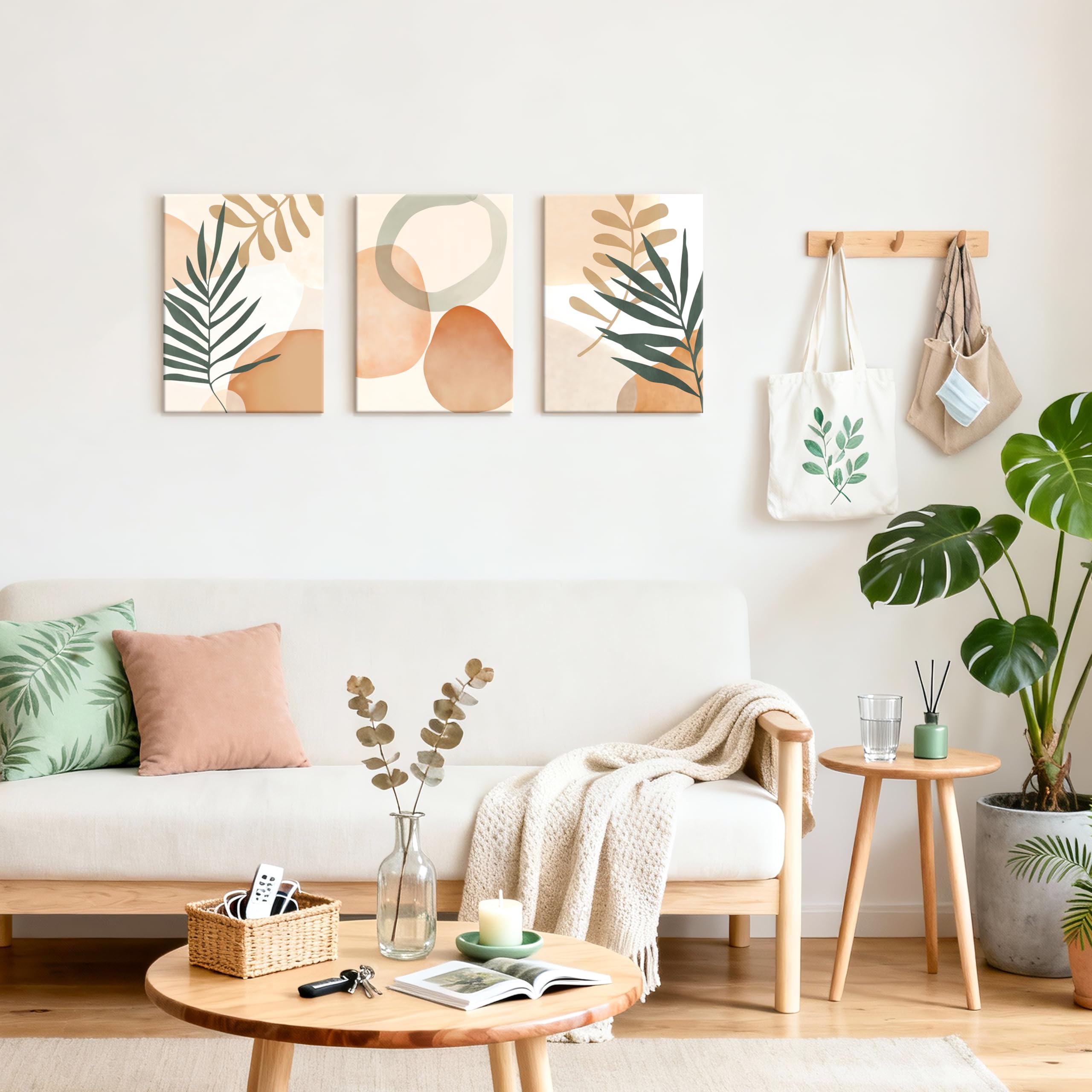 3 Pcs Wooden Framed Canvas Wall Art Set Bohemian Sage Green Canvas Prints Poster Geometric Line Beige Green Pictures for Living Room Bedroom Dinning Room Hallway Stairs Wall Decor 30x40cm x3pcs — view 464