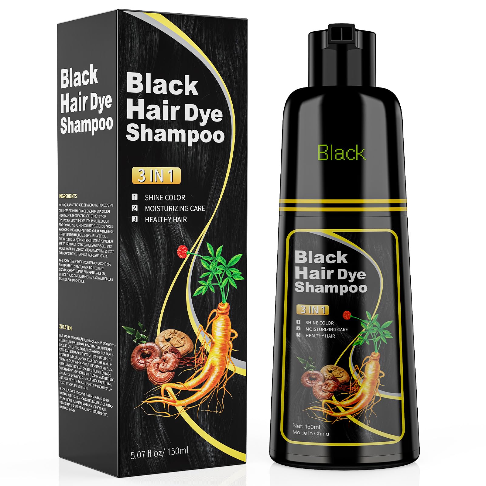 JUANCHI Black Hair Dye Shampoo 3 in 1, 150ML Hair Dye Shampoo for Women Men