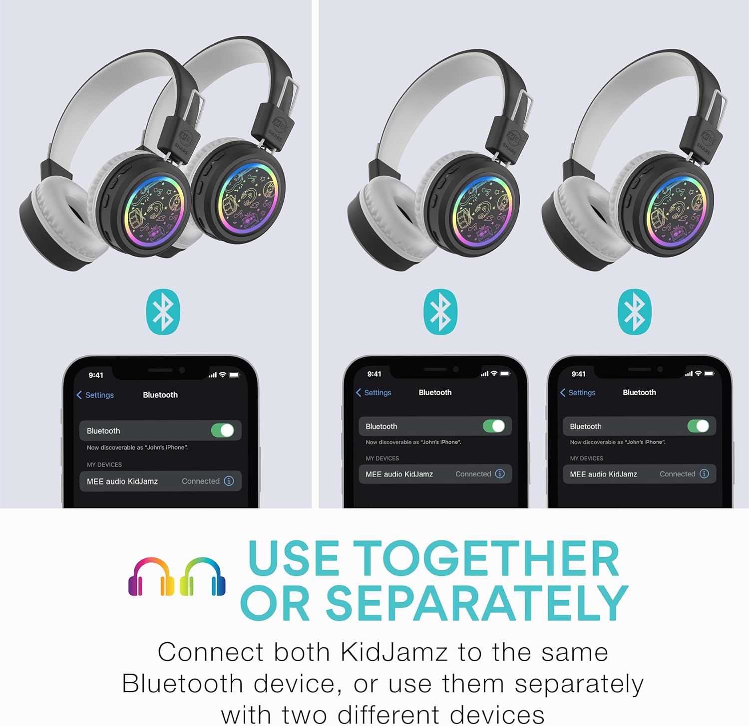MEE audio KidJamz Share Bluetooth Headphones for Kids with LED Lights, 85dB Volume Limiter, Microphone, 40h Battery; Childrens Headset for School/iPhone/iPad/Tablet (Model: KJ55BT-S, 2-Pack)