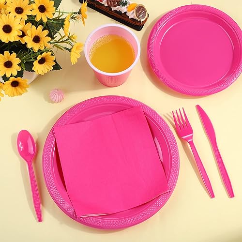 Miniatura 5 de ADXCO Juego de vajilla desechable de 350 piezas, color rosa intenso, incluye platos de plástico rosa intenso, vasos, servilletas, cuchillos,