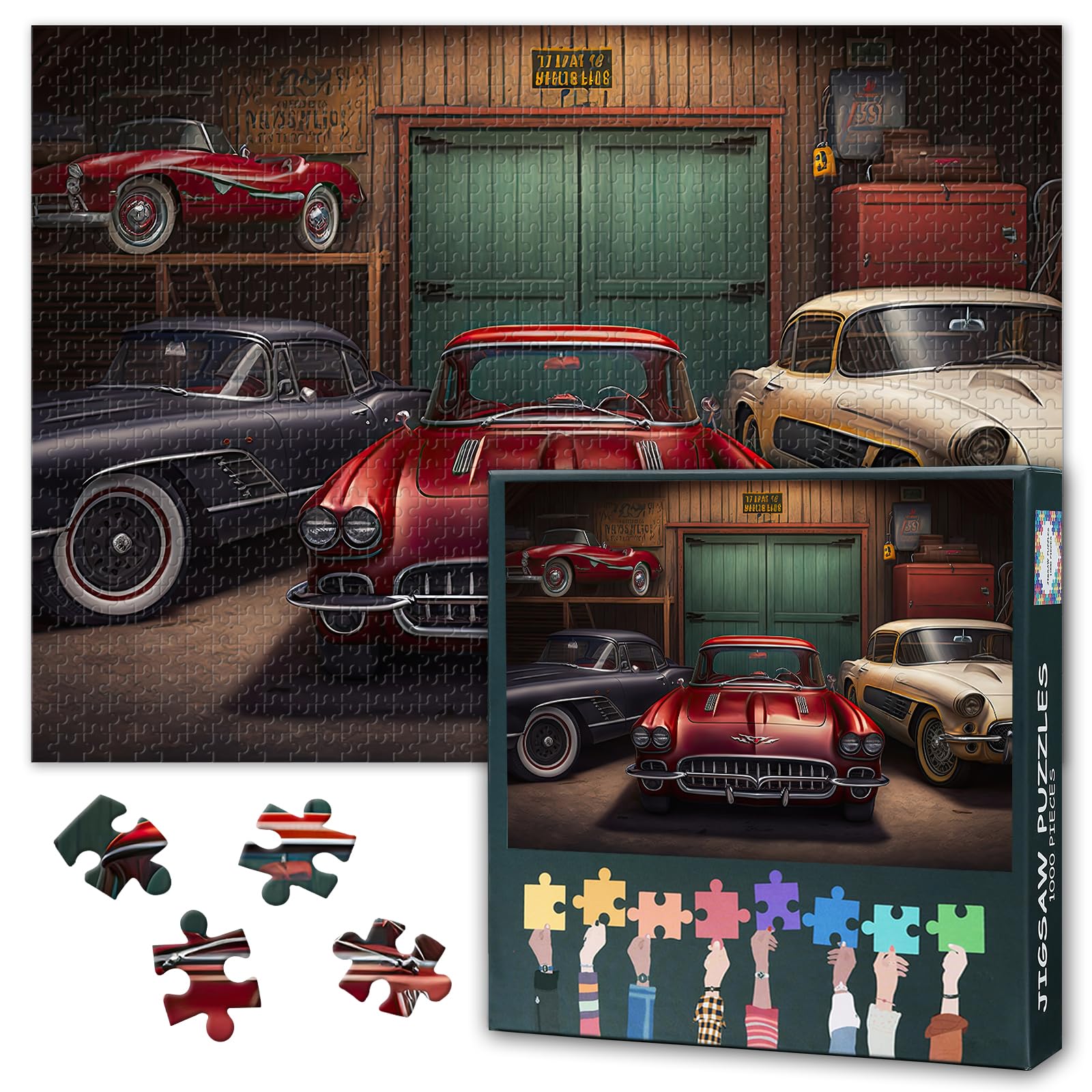 Retro Jigsaw Puzzles for Adults 1000 Pieces, Garage Collects Different Classic Vintage Cars Puzzle, Difficult Impossible Challenging, 19.5 x 27.5 Inch