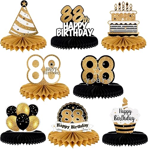 Miniatura 9 de LINGTEER Juego de centros de mesa de papel negro y dorado de feliz cumpleaños 13, 8 piezas de globos de estrella de pastel de trece años de