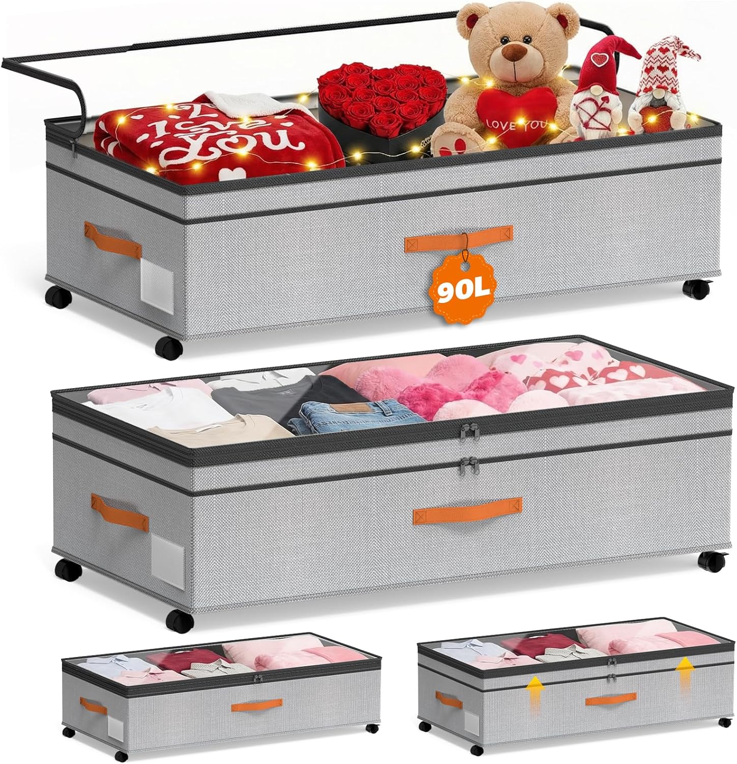 Under Bed Storage with Wheels, 35.5 inches Underbed Storage Large Capacity Under Bed Rolling Containers, 2 Pack Under the Bed Storage for Clothes, Shoes, Blankets (Deep Black)