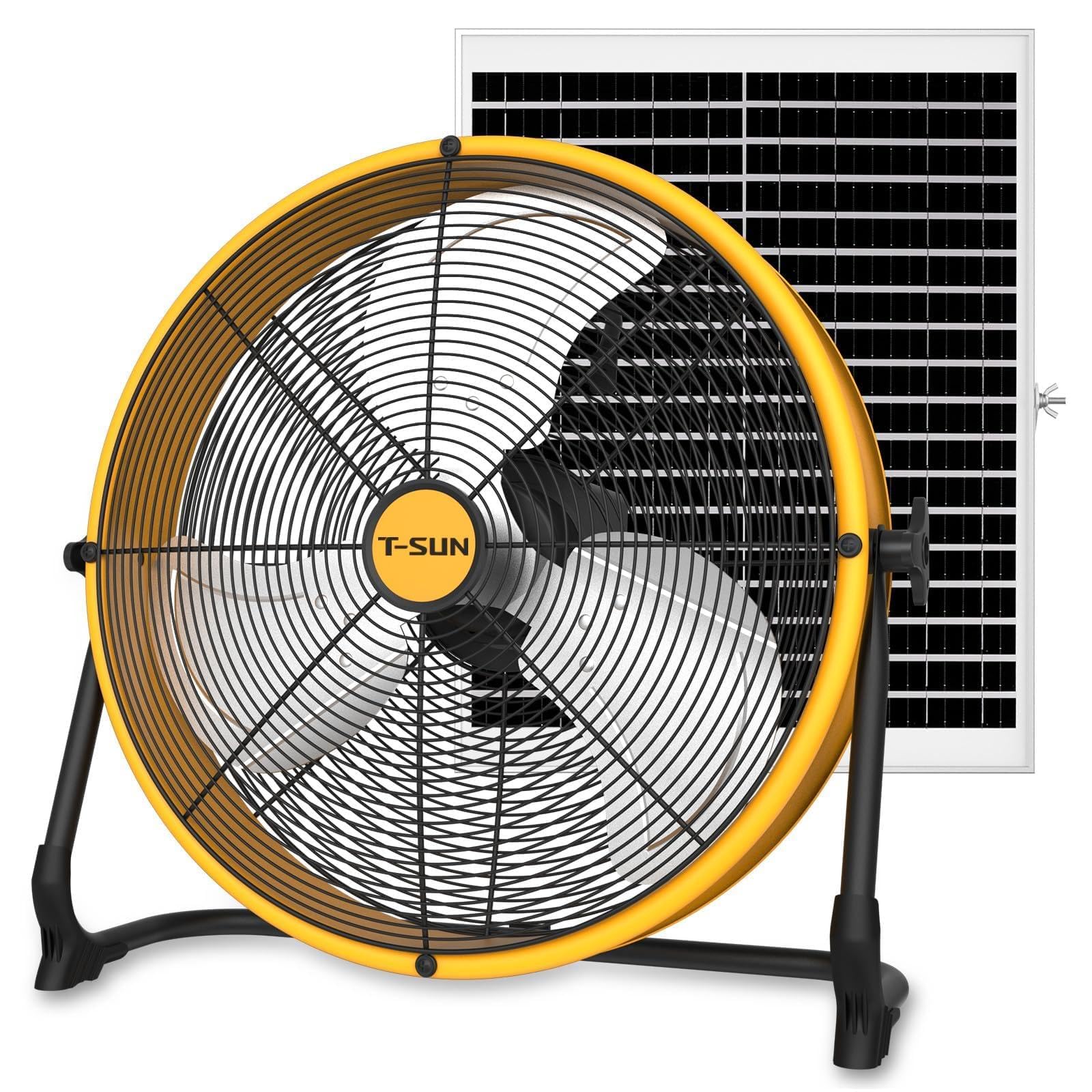T-SUN 15600mAh Solari Ventilatore a Piantana(40CM) con Adattatore CC Regolazione Continua Della Velocità Ventilatore da Pavimento con Pannelli Solari & Type C/USB per Garage Campeggio Cantiere Interni