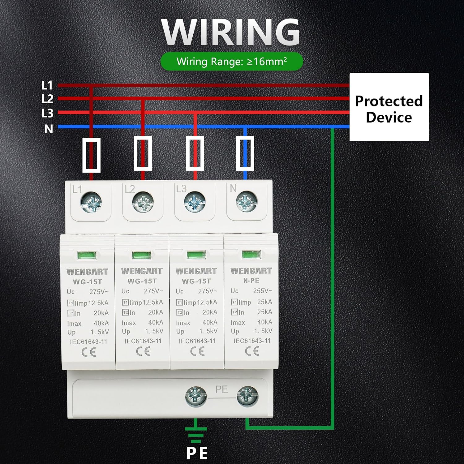 Wiring diagram for the Wengart WG-15T surge protector, showing connections for L1, L2, L3, N, and PE to a protected device, with a recommended wiring range of ≥16mm².