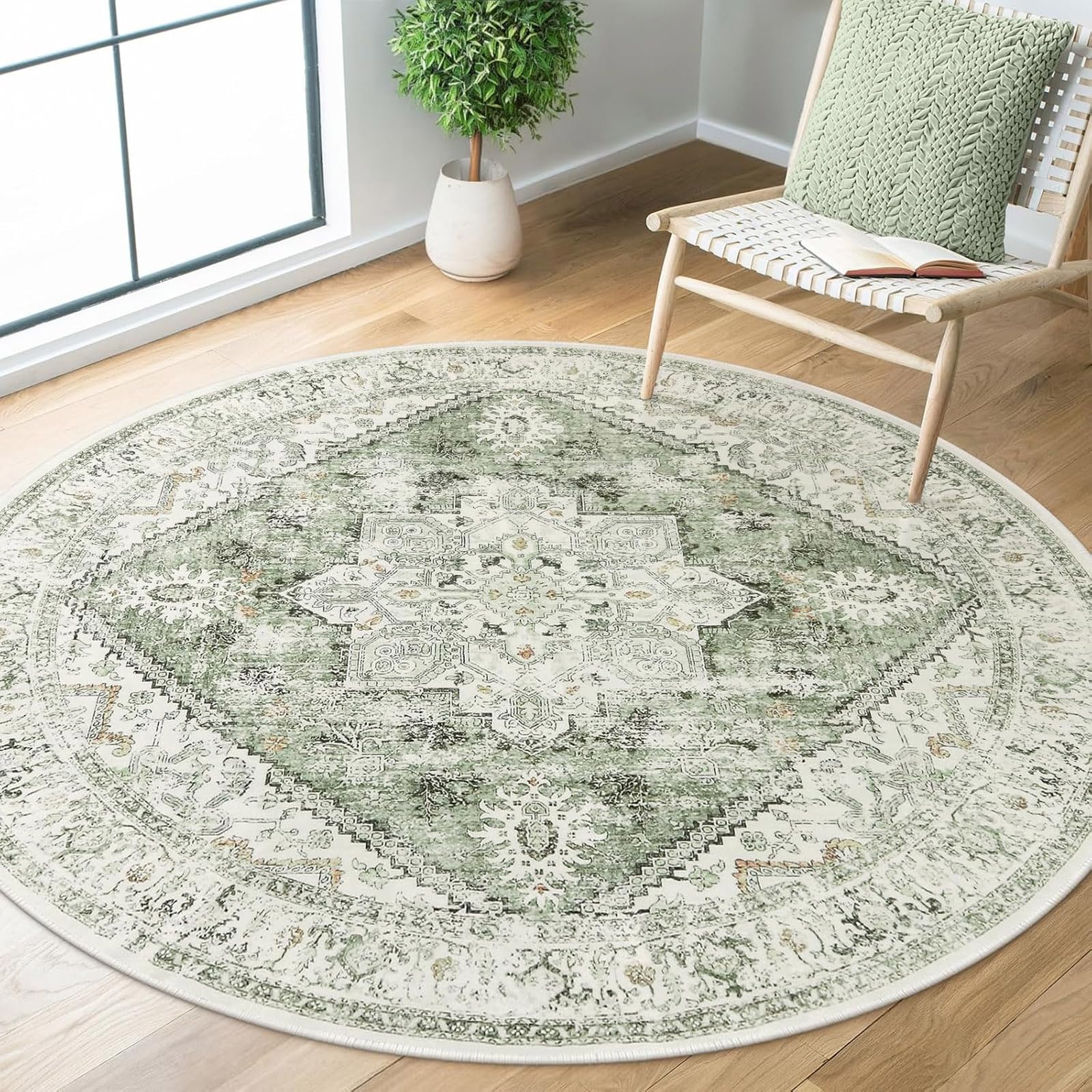 Tapis rond lavable et antidérapant vert 180 cm pour un salon sécurisé