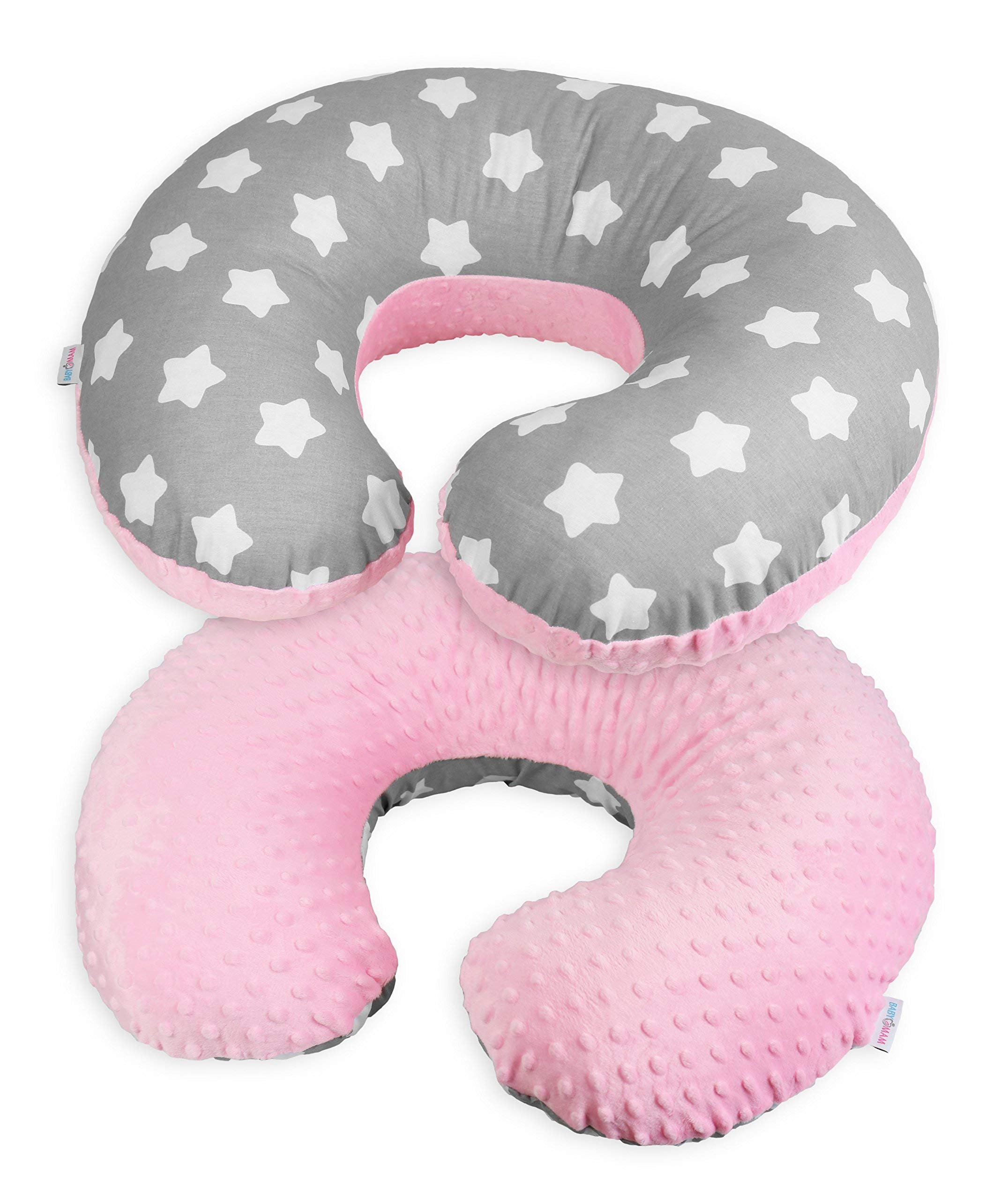 Babymam Nursing Pillow Dimple Breast and Bottle Feeding Cushion Baby/Newborn Washable Removable Cotton Cover Maternity Pregnancy Gifts (Pink/Big White Stars on Grey)