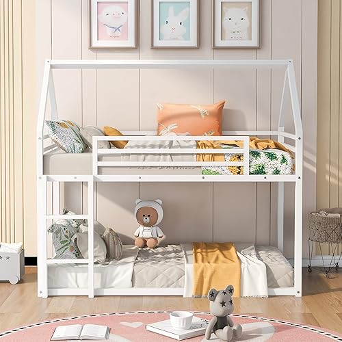 Harper & Bright Designs Litera de metal para niños, cama individual sobre individual, litera baja con forma de casa, techo, escalera, barandilla de
