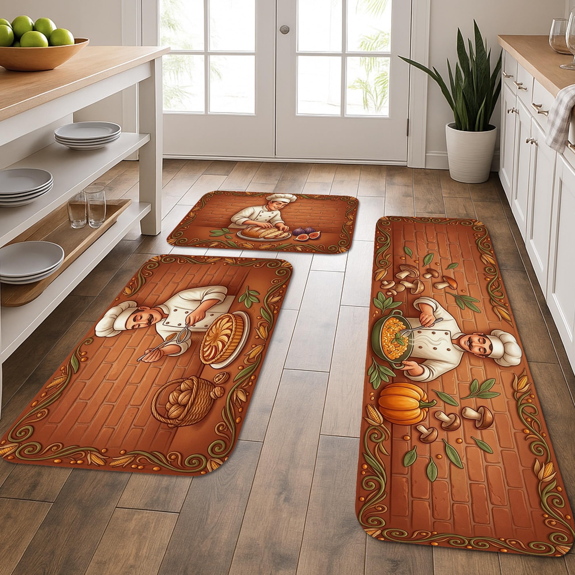 Lot de 3 tapis de cuisine rustiques citrouilles champignons marron