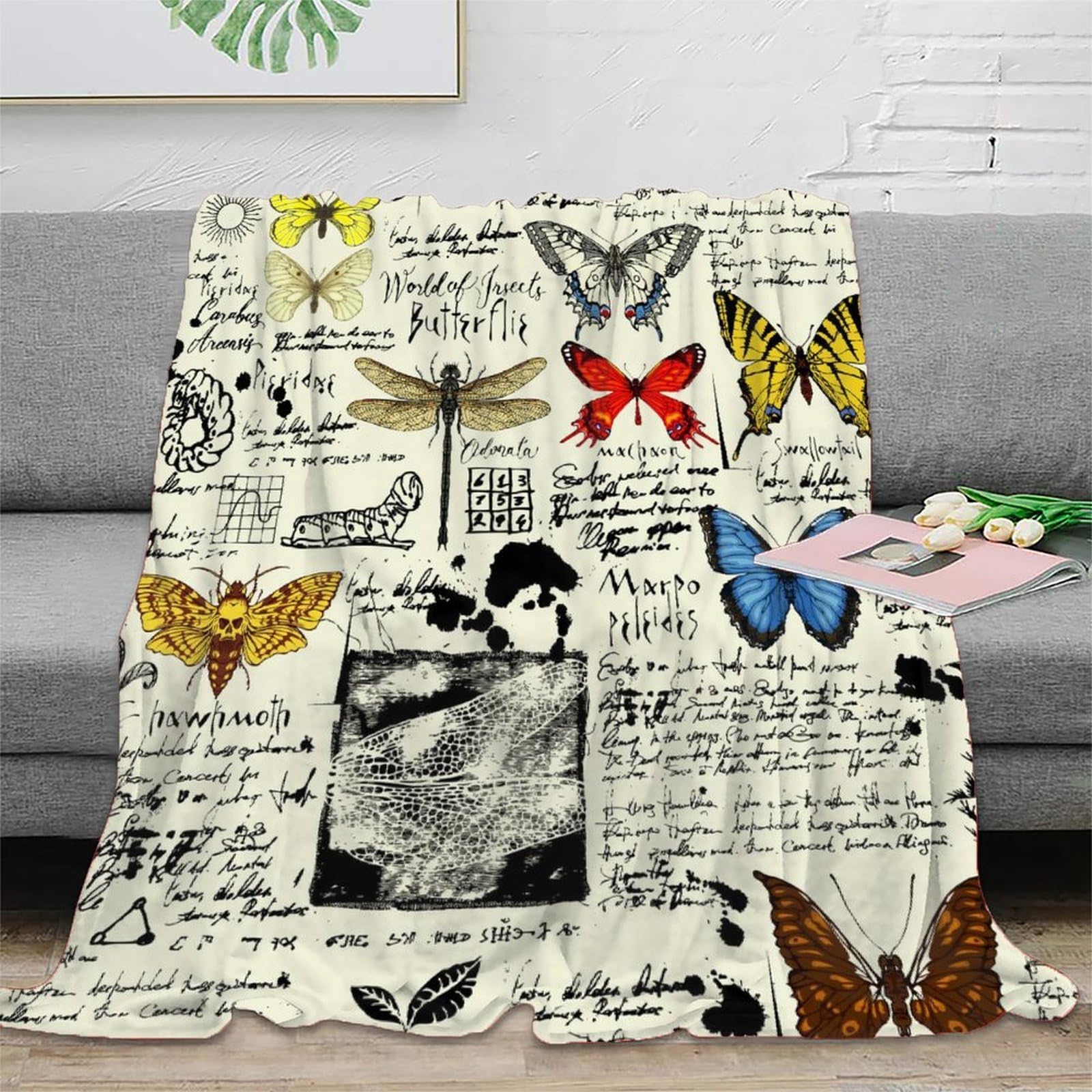 Phqazwsxe Xu58hbrypo1w 3D Printed Butterfly Illustrations Cosy Throw Microfiber Ultra Soft Warm Bedding Vintage Insect Nap Blanket Lightweight Machine Washable For University Students Dorm Dwellers 50X60inch(127X152cm)