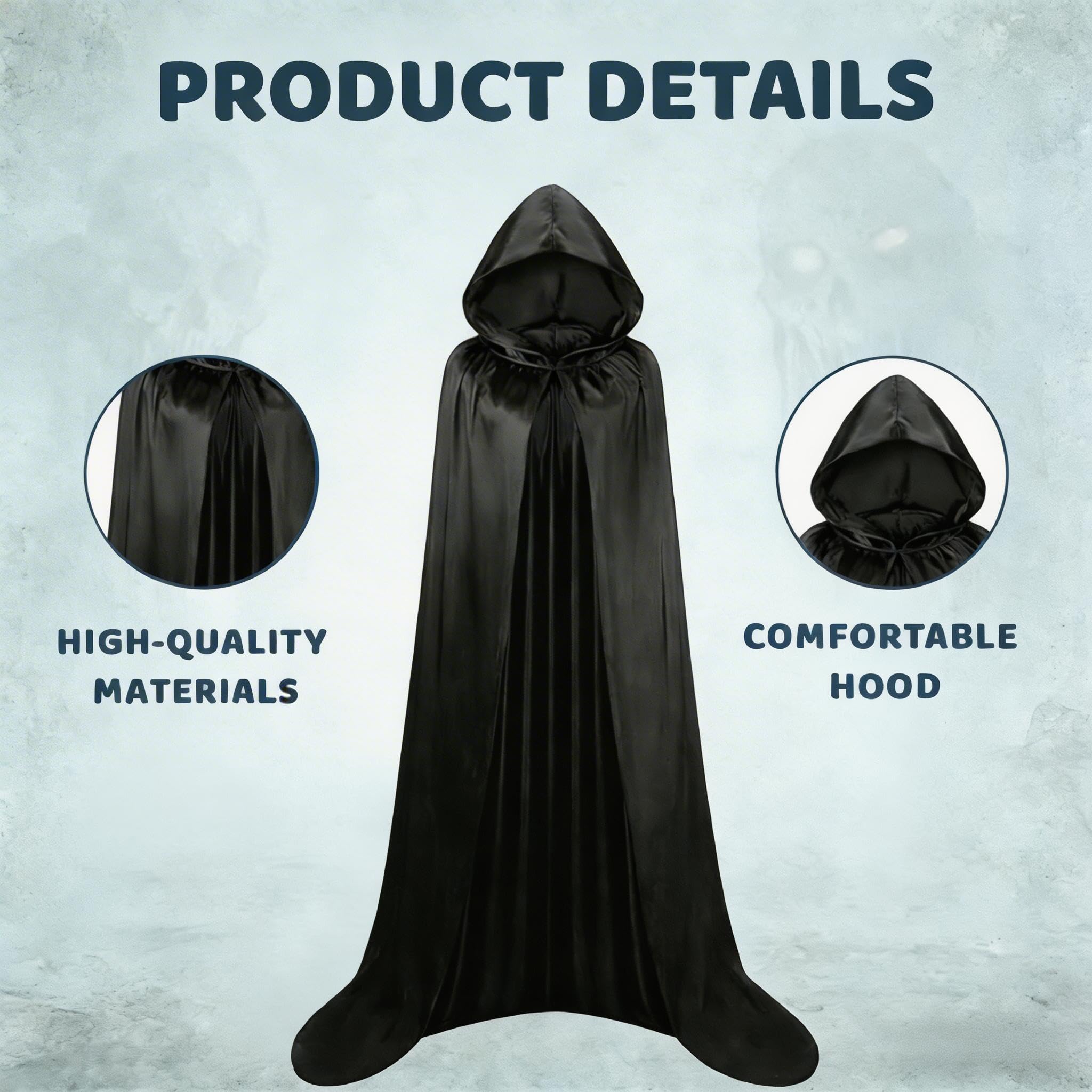 Black Cloak, Traitors Cloak 140 cm, Black Hooded Cloak, Costumes for World Book Day, Elegant Satin Cape for Various Occasions, Perfect for World Book Day Costumes and Theatrical Performances - Image 3