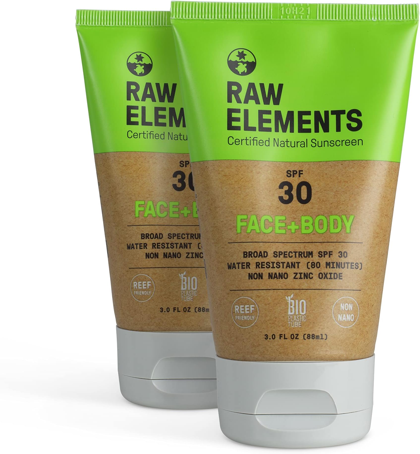 Raw Elements Mineral Sunscreen Moisturizer - Non-Nano Zinc Oxide, 95% Organic, Reef Safe, SPF 30+, Unscented, 3oz Tube (2-Pack)