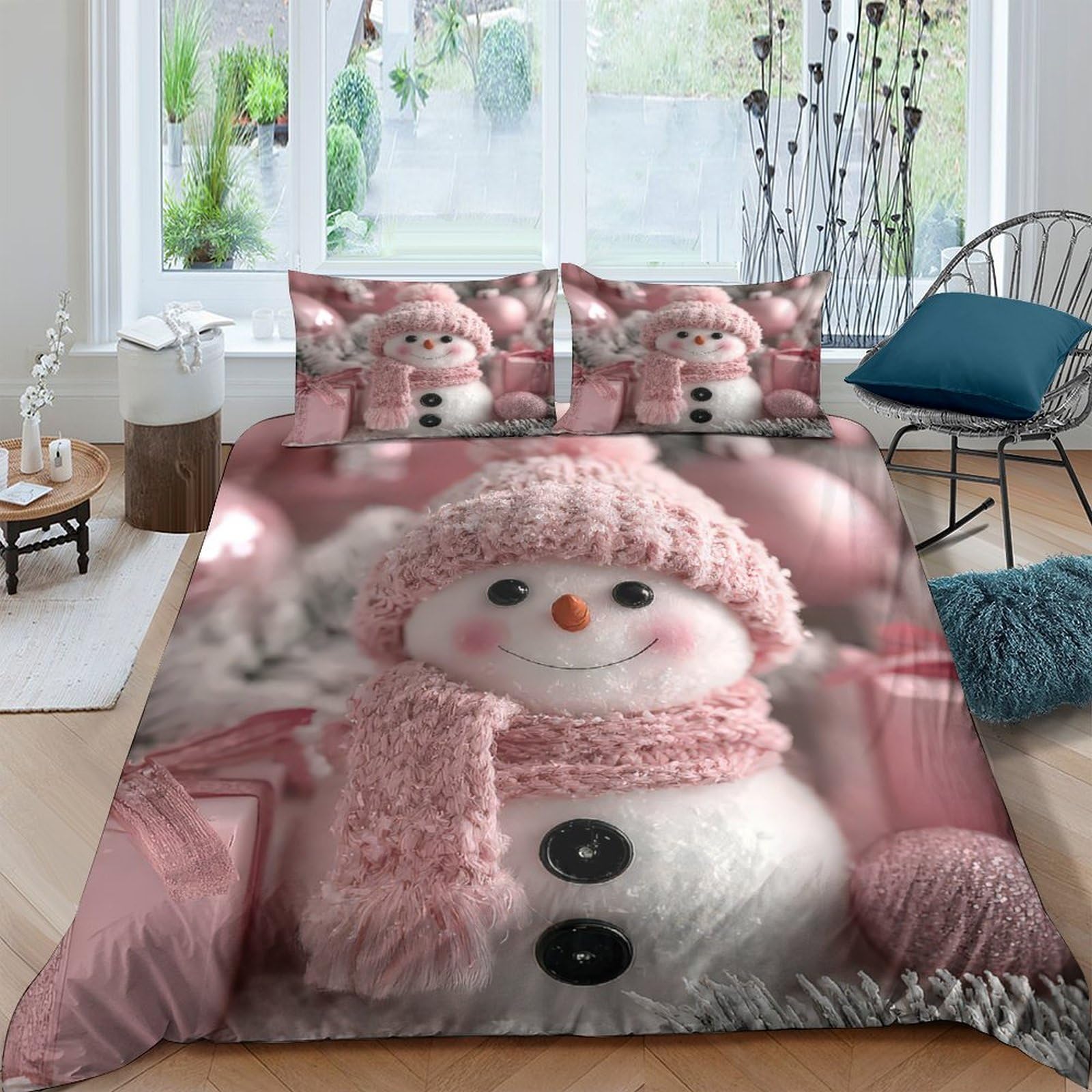 Ctjqhvkz Style-2 3D Printed Pink Snowman Fitted Sheet Microfiber Soft Anti-Slip Bed Cover For Bedroom Guestroom Winter Decor Single（135X200cm）