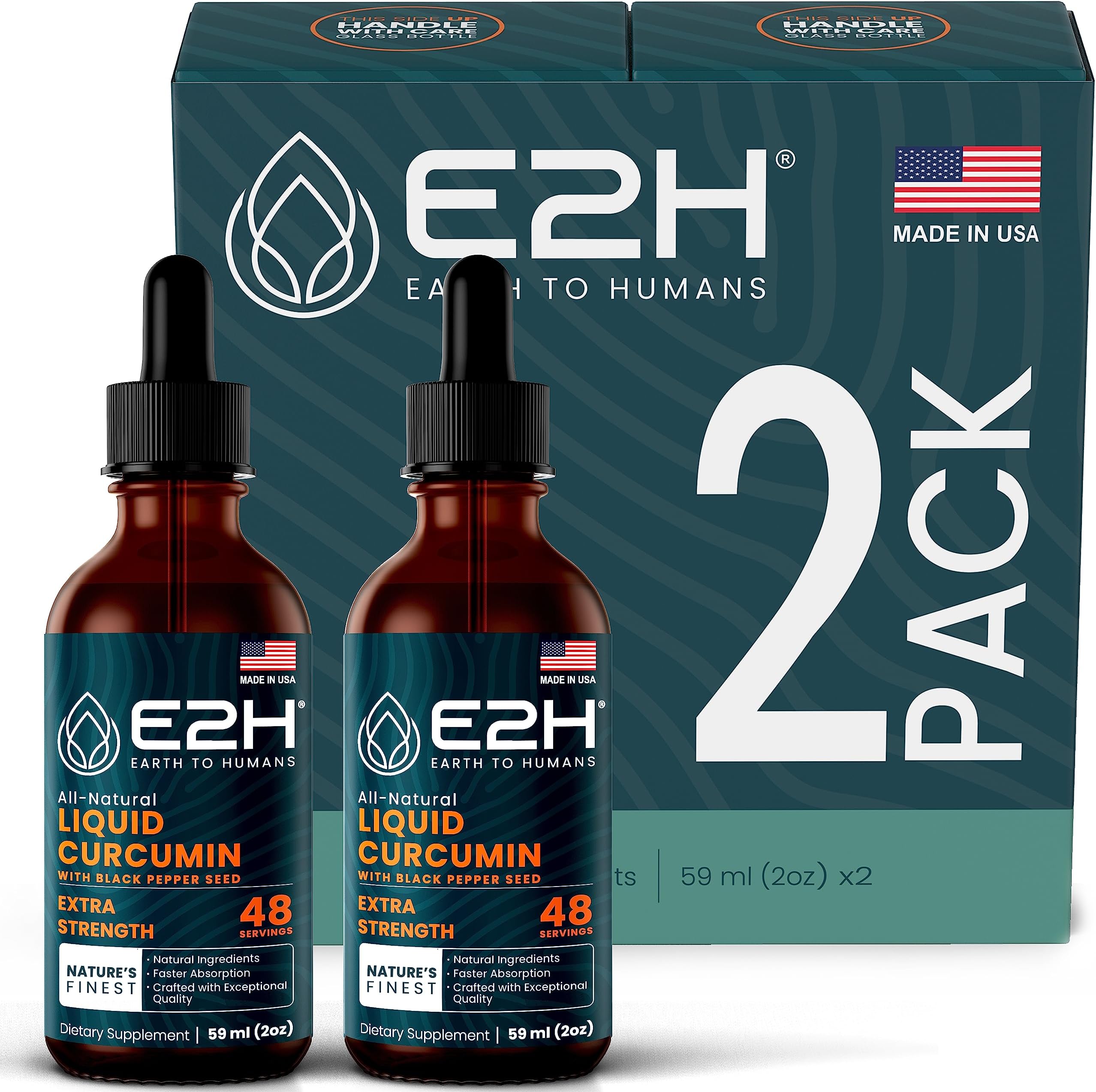 E2H Turmeric Curcumin Drops with Black Pepper - Boost Your Health - Joint Support Supplement - Vegan - Non-GMO - (2 Bottles)
