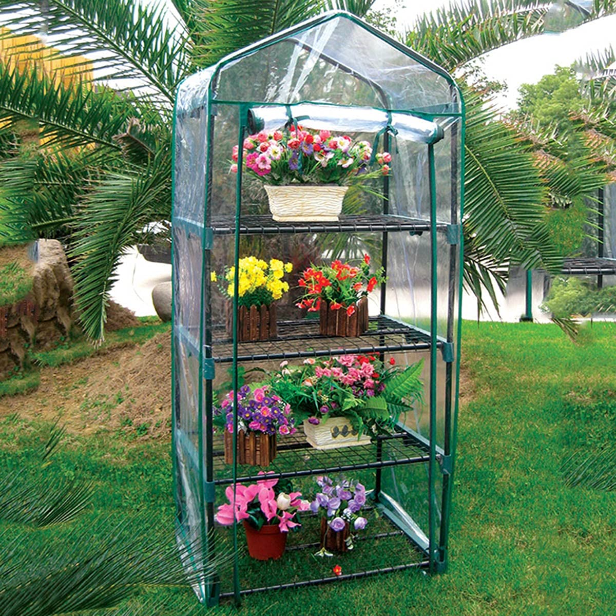Szklarnia 4-poziomowa mini szklarnia 68,5 x 48,3 x 154,9 cm przenośna zieleń domowa, trwała, wodoodporna, ochrona przed zimnem mrozem, z zamkiem błyskawicznym pokrywą PCV, do wewnątrz i na zewnątrz