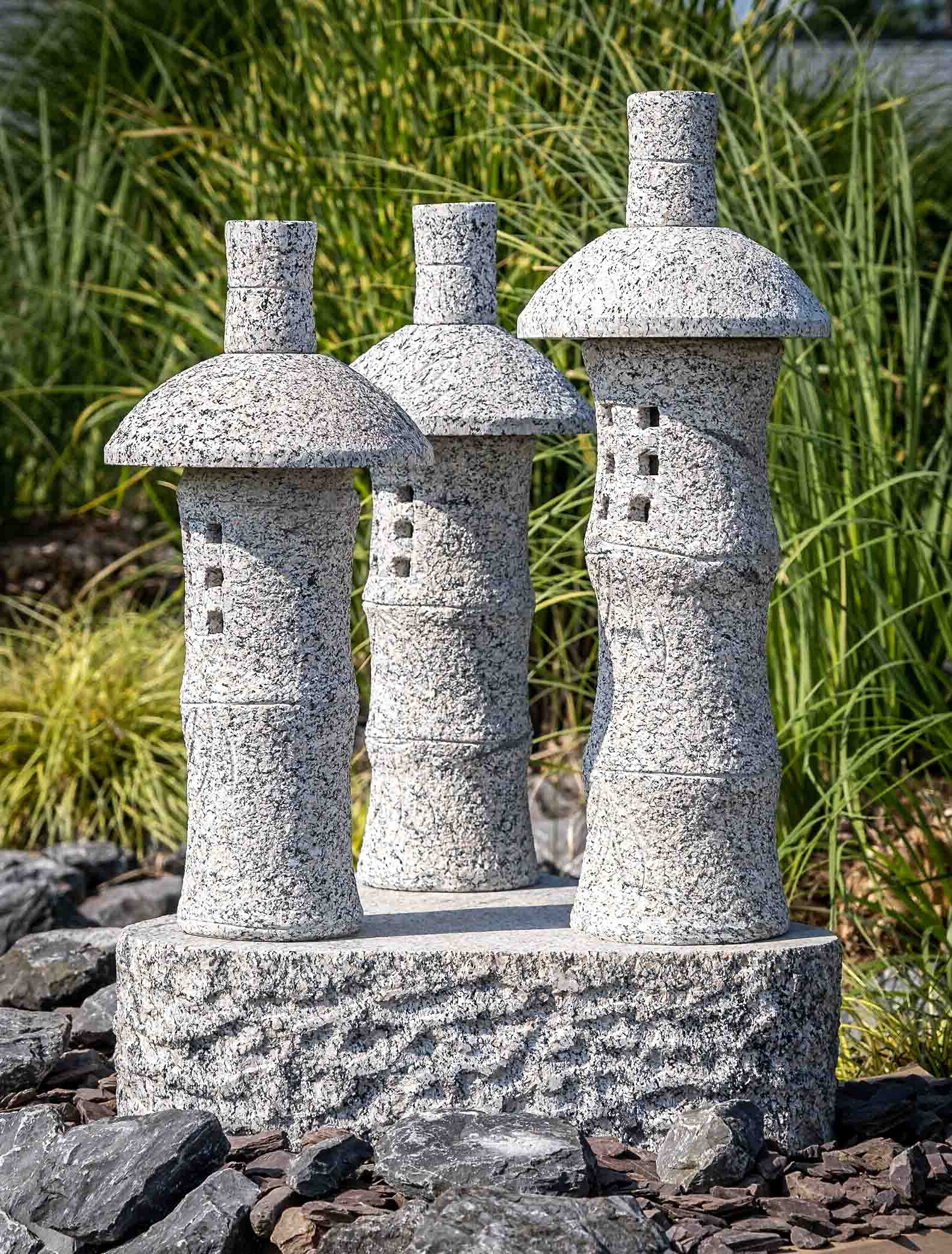 IDYL Lampion granitowy Fuji 3-krotny domek bambusowy | odporny na mróz | wysokość 85 cm | szary | ręczne wykonanie | azjatycka dekoracja do ogrodu – stawu – jako oświetlenie drogi | nadaje się do oświetlenia