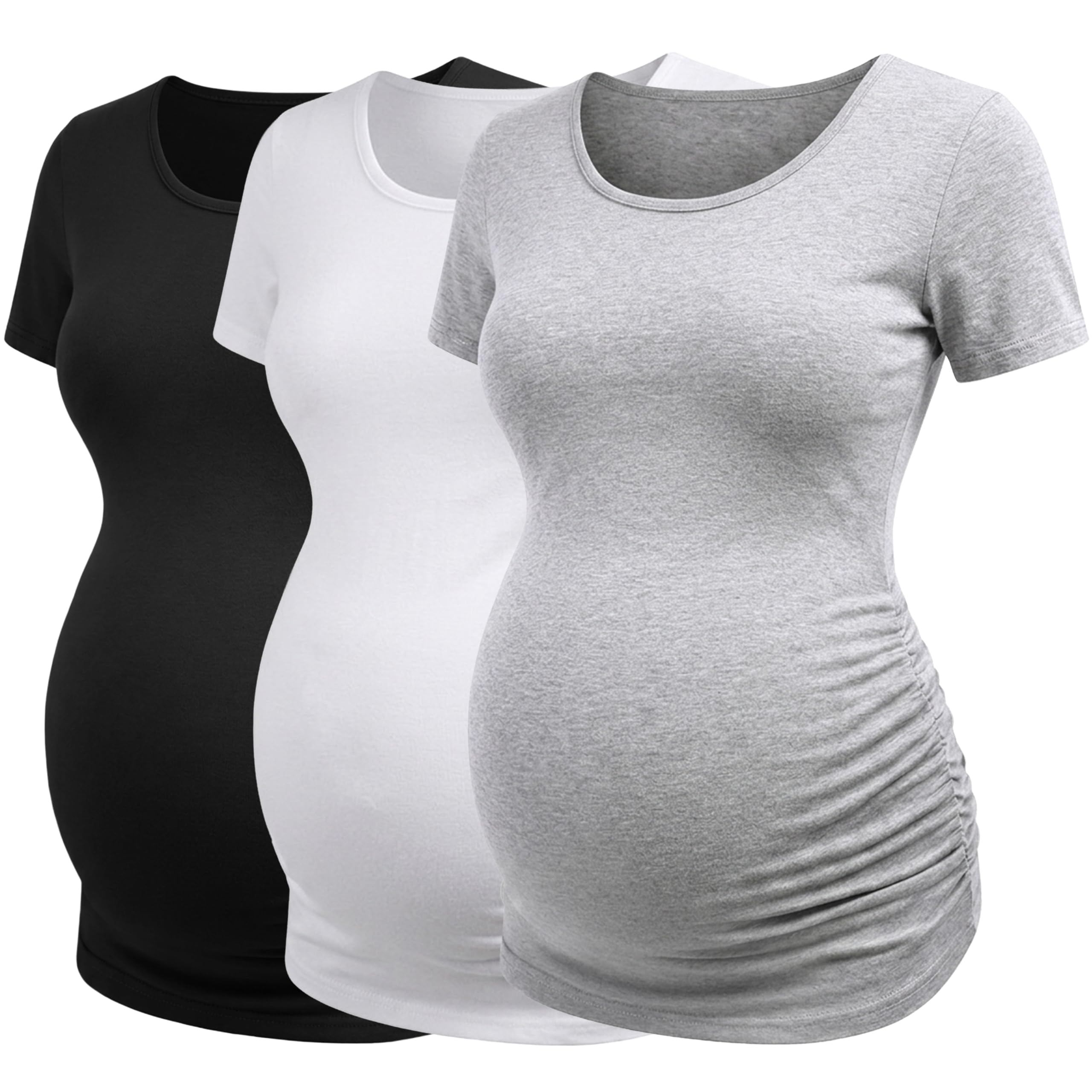 Lot de 3 t-shirts de maternité à manches courtes, couleur unie, vêtements de grossesse, Noir + blanc + gris., XL